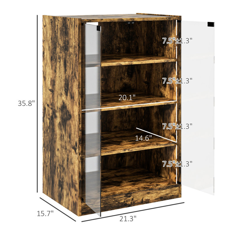 Armoire audio-vidéo rustique brun, 4 tablettes réglables, portes en verre, gestion des câbles pour le rangement multimédia et électronique.