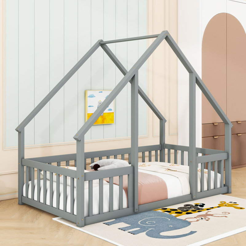 Lit en bois avec garde-corps, gris, Simple