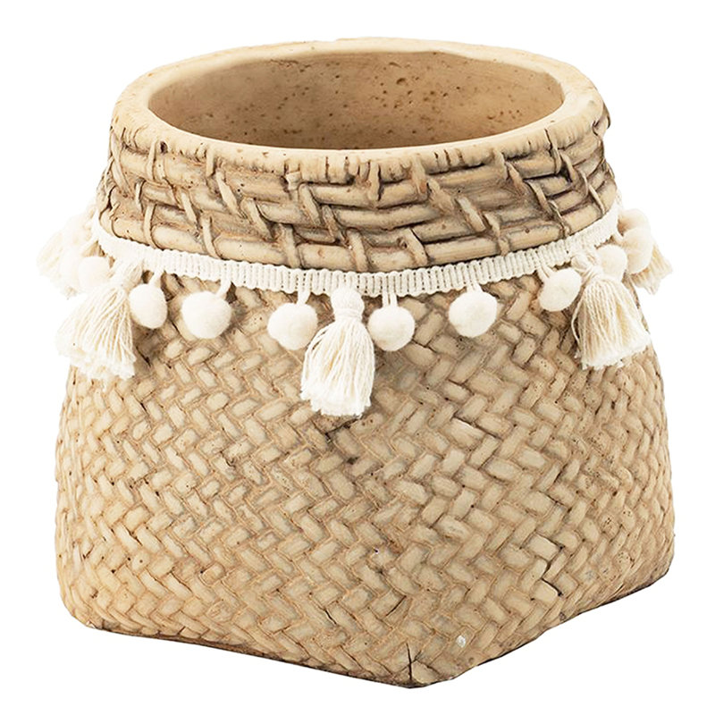 Set of 2 6.5x6.5x6" Brown Cement Planter with Woven Tassel Accent