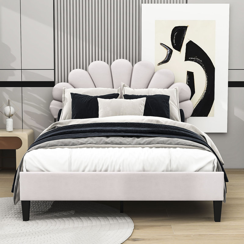 Mireia Upholstered Wooden Platform Bed with Headboard, Beige, Queen