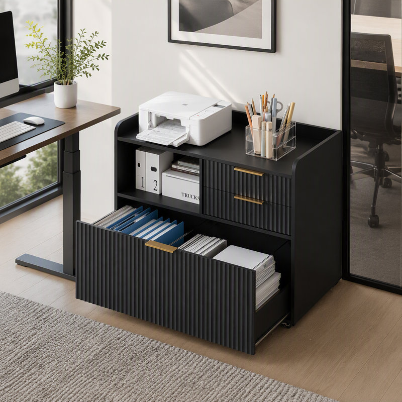 Classeur mobile avec station de charge, multi-tiroirs et rangement ouvert pour la maison et le bureau, Noir