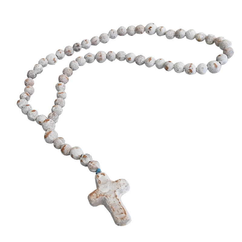 Natural, Hand Fired Clay Rosary With Cross, 22" H x 3" W x 1" D, White