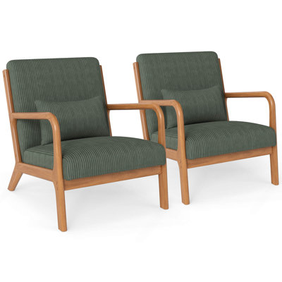 Chaise longue rembourrée en velours côtelé 2 pièces avec accoudoirs en bois d'hévéa et coussin lombaire vert + brun