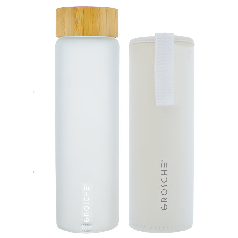 Bouteille d'eau en verre écologique avec couvercle en bambou et housse de protection GROSCHE VENISE (blanc)