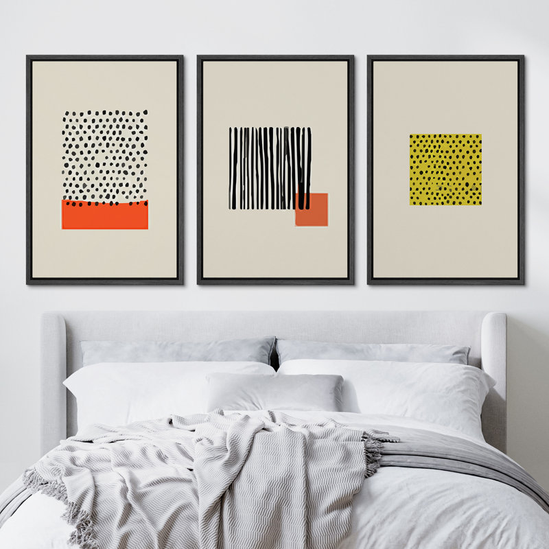Modern Geometric Abstract Black and Orange Framed Canvas Art Set