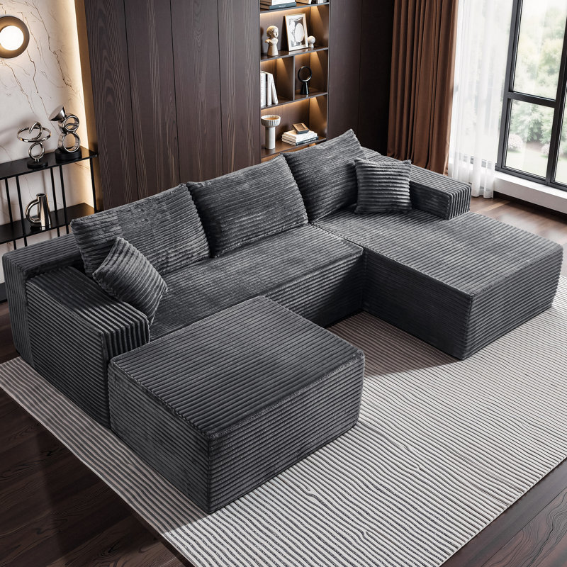 Canapé modulaire en forme de U 108 po avec méridienne grise en velours côtelé et méridienne faisant face à gauche, Gris