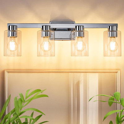 Luminaire de meuble-lavabo 4 lumières, applique murale moderne en chrome avec abat-jour en verre transparent, miroir de 26 po pour salle de bain, salle d'eau, salon