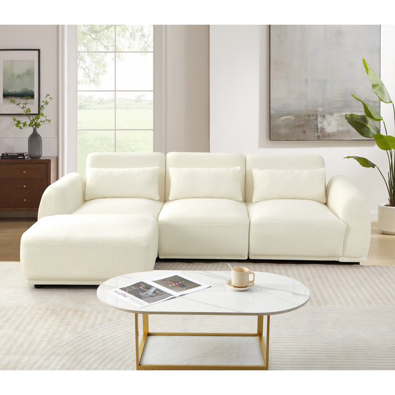 Modular Teddy Velvet Sectional Sofa – Cozy, Flexible 3 Seaters And Ottoman For Any Space, White Teddy