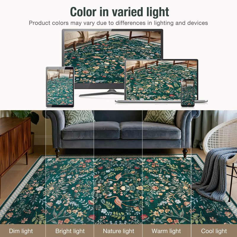 Washable Farmhouse Floral Area Rug with Non-Slip for Bedroom Nursery Living Room Decor-Green, Rectangle 8' x 10', Green