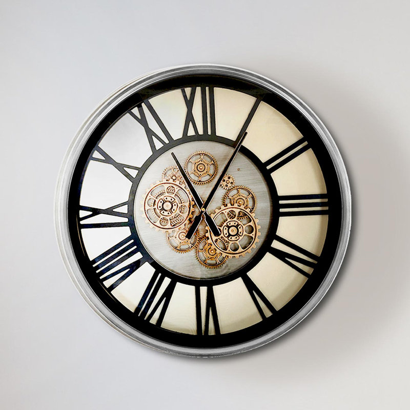 Bathel 60cm Living Room Round Wall Clock with Glass Metal Frame, Silver & Gold Gear Wall Clock