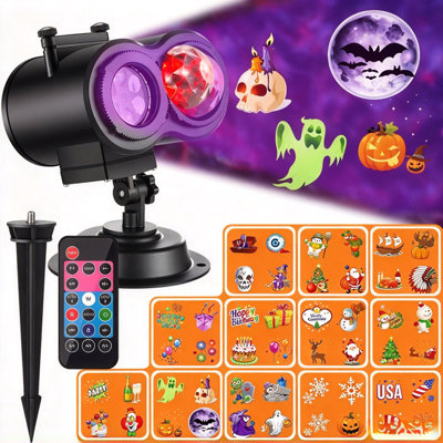Projecteur de Noël d'Halloween pour l'extérieur, 2 en 1 IP65 imperméable avec télécommande et minuterie, 12 glissières 10 couleurs HD pour les fêtes