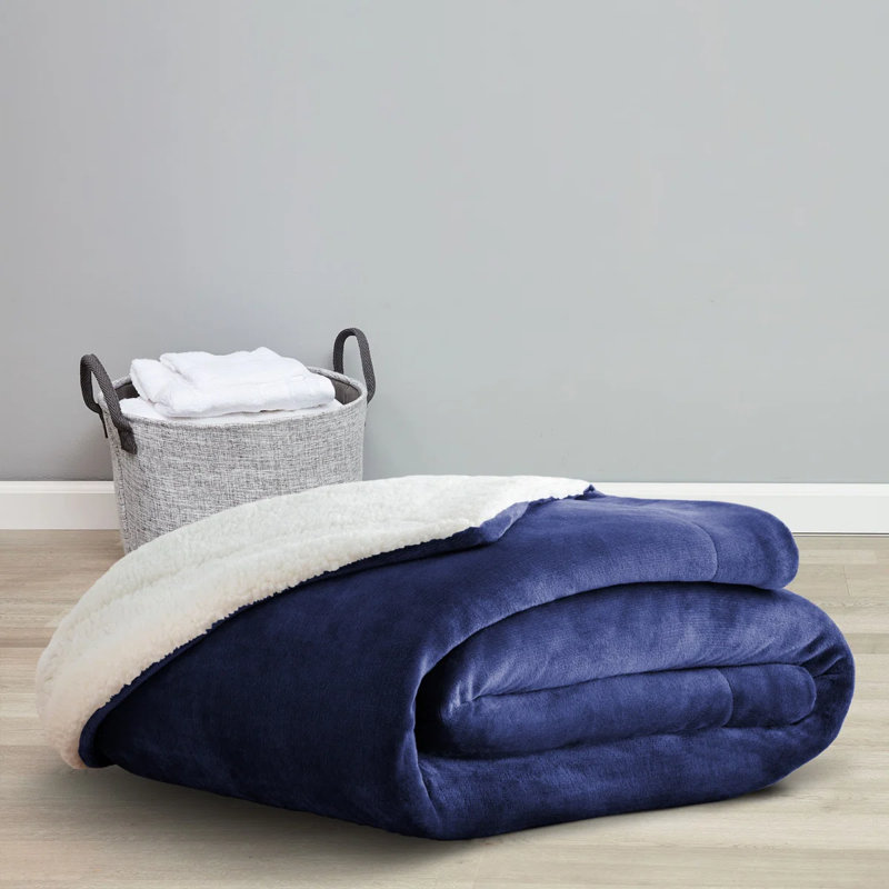 Reversible Soft Sherpa Fleece Fur Thick Dual Sided Blanket Throw, 200cm x 240cm, Blue