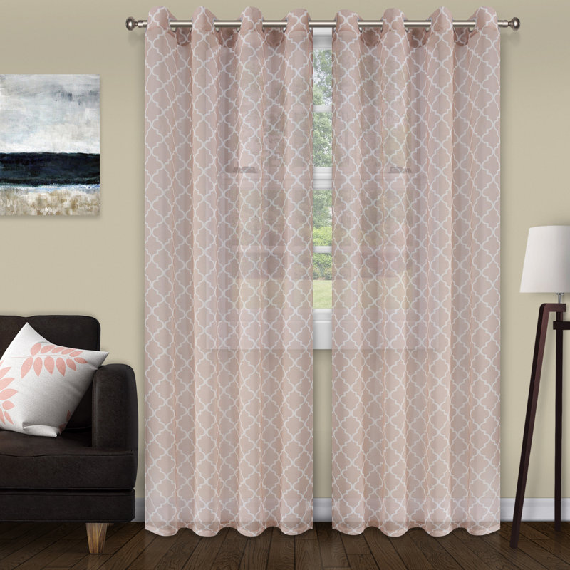 Steinbeck Trellis Printed 100% Polyester Sheer Curtain Set, 52" W x 96" L, Champagne