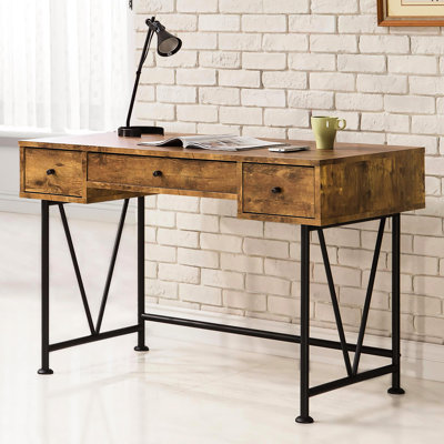 Rustic Antique Nutmeg And Black Table, 3 Drawers For Home Offices Rectangular Office Desk, Drawer Storage Work