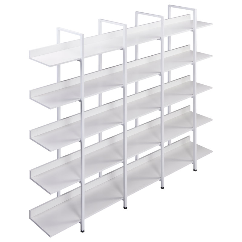 5 Tier Bookcase Home Office Open Bookshelf, Vintage Industrial Style Shelf With Metal Frame, MDF Board, White