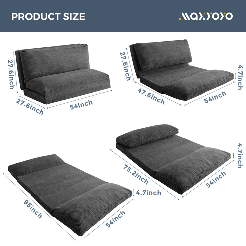 Holly-Madison Bean Bag Floor Sofa Bed, Dark Gray Corduroy, 4.7" H x 54" W x 95" D