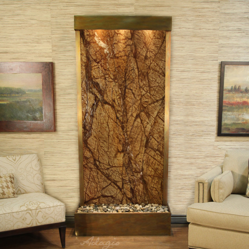Tranquil River Fountain with Light, Rainforest Brown Marble, Rustic Copper