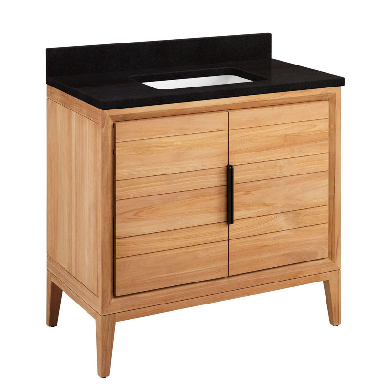 Aliso 36" Single Bathroom Vanity, Arctic White Quartz, No Faucet Hole, Natural Teak