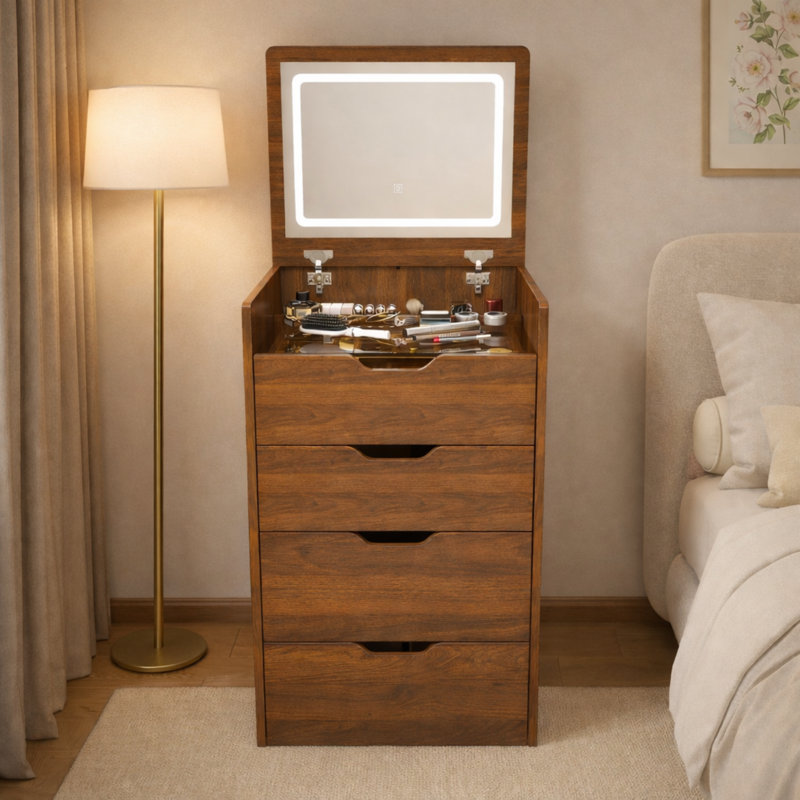 19"W 3-in-1 Flip Top Vanity Desk with Lighted Mirror & Stool, Walnut
