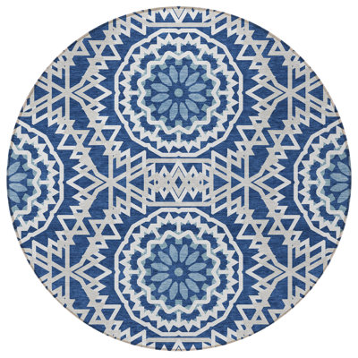 8' Navy Blue Ivory And Gray Round Floral Medallion Washable Indoor Outdoor Area Rug