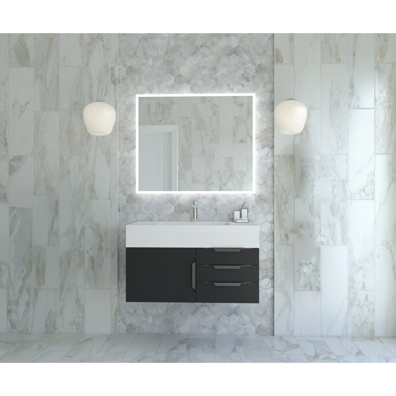 Ensemble de meuble-lavabo simple 36 po avec miroir Modern, Blanc, Noir, Noir