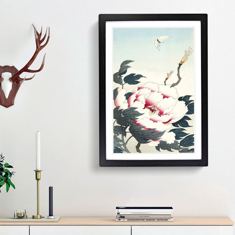Peony with Butterfly by Ohara Koson - Picture Frame Painting Print, 36cm H x 27cm W x 2cm D, Black Framed