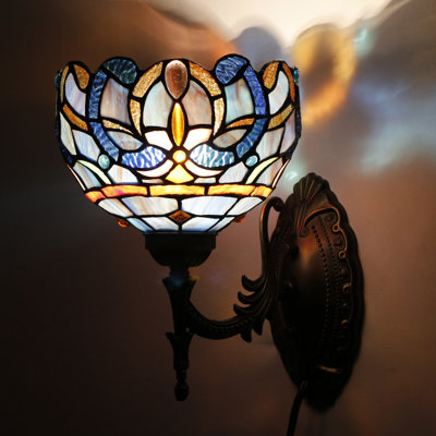 Tiffany Wall Sconce Lamp Stained Glass 8X10.5X11 Inch Plug in Wall Bedside Light for Hallway Bedroom (Blue Purple Cloudy Style)