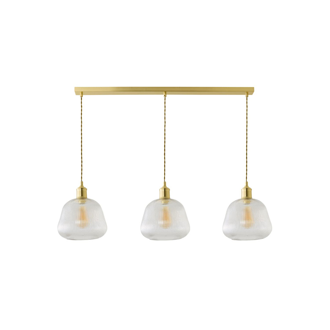 Alessandrini Ribbed Bell Glass 3 Drop Brushed Gold Diner Ceiling Pendant Light
