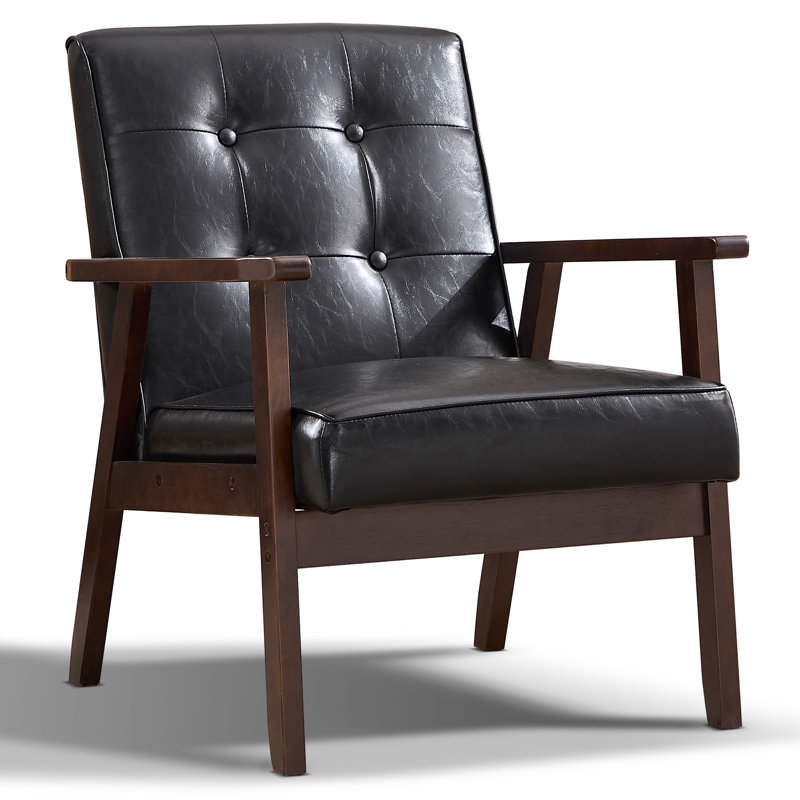 Salma 25" W Tufted Accent Chair with Solid Wood Legs, Black Faux Leather, 1