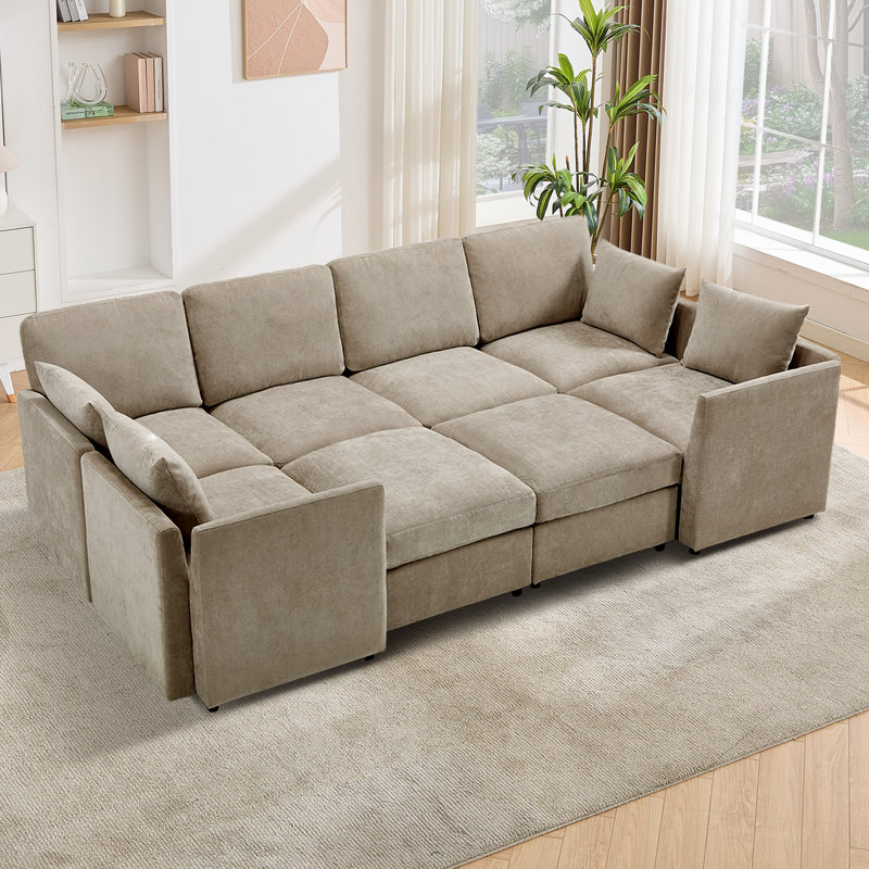 Sarang 110.2" Modern Upholstered Sectional Modular Sofa Bed With Ottomans, Khaki Polyester Blend