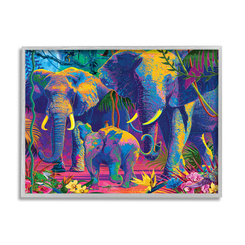«Elephants In Vivid Hues» par Michael Ward, H 16 po x l 20 po x P 1,5 po, Cadre noir