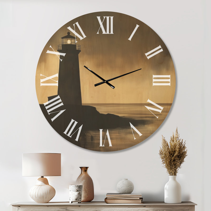Horloge murale ronde Amber Beacon Dusk II - Phare, imprimée sur bois, Extra Large