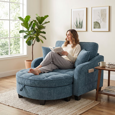 51 Inch Oversized Chaise Lounge Chair Indoor, Corduroy Upholstered Single Sofa Set With Movable Storage Ottoman