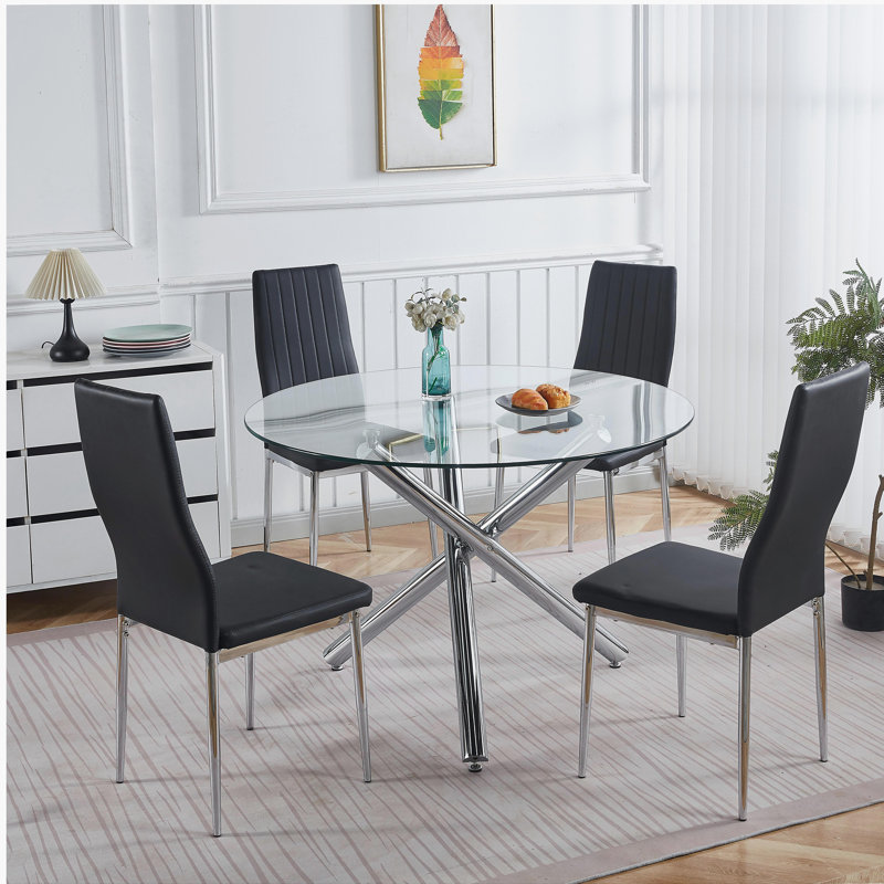 Ensemble de salle à manger 1 + 4,5 pièces, table de salle à manger avec pieds en métal Mid-Century pour 4-6 personnes avec plateau en verre, table de salle à manger à piédestal, table basse de loisirs