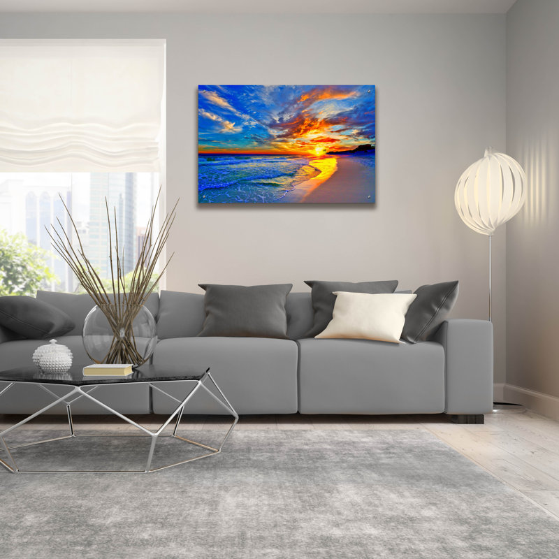 «Amazing Red Blue Sunset Beach» par Ezra Tanner, art en verre acrylique Wal, H 24 po x l 36 po x P 0,2 po