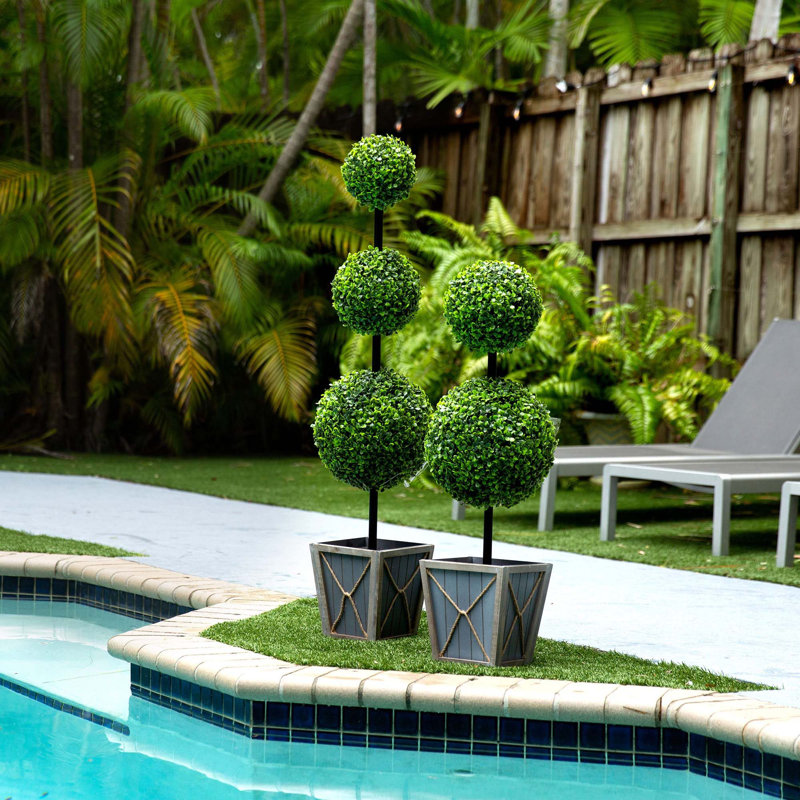 36'' Faux Boxwood Topiary in Wood Planter