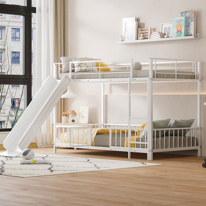 Metal Bunk Bed with Slide and Guardrails, Twin Over Twin, White