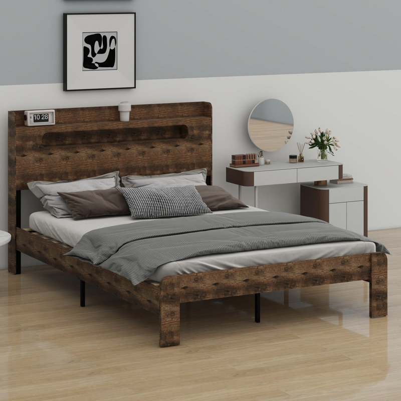 Structure de lit plateforme en bois avec tête de lit à DEL avec rangement et 2 USB, grand rangement sous le lit