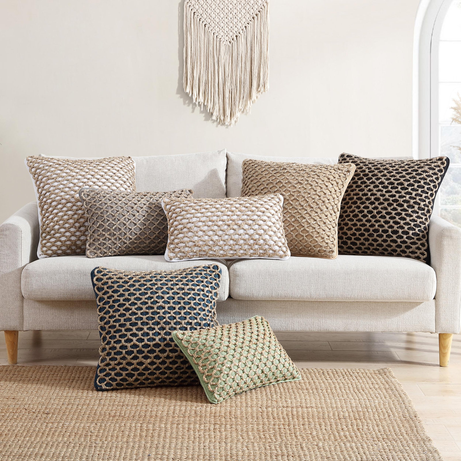 Ablo Textured Cotton Throw Pillow, White/Natural, Square 18"