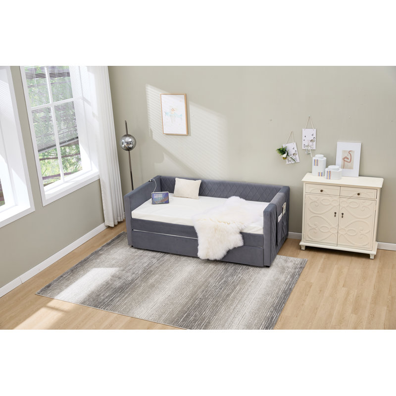 Grey Velvet Daybed, Sturdy Wooden Bed Frame, Modern Diamond Grid Pull-Out Design, For Bedroom, Living Room Furniture, Gray
