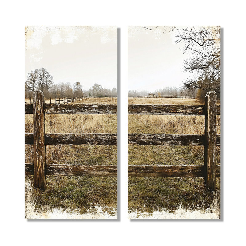 Gris et brun, ferme, paysage, clôture rustique, H 20 po x l 24 po, Toile tendue, Ne s’applique pas