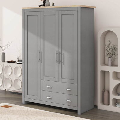 3 Doors Wardrobe Closet With 2 Drawers, 2 Hanging Rods And Shelves by Red Barrel Studio
