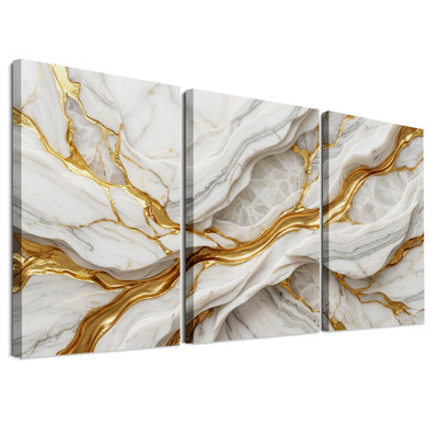 White Marble And Gold Veins Abstract Set Of 3 Canvas Wall Art
