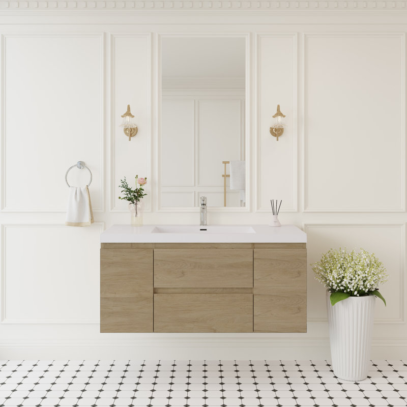 Meuble-lavabo mural peu encombrant avec lavabo à surface solide, conception moderne pour une salle de bain élégante