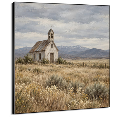 Impression sur tissu grand format - Église rustique blanche avec paysage de montagne pour salon ou chambre - « Assemblage du cadre requis (cadre non fini) »