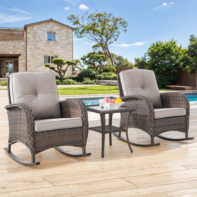 Valierius 3 Piece Patio Furniture Set Comfortable PE Rattan Wicker Outdoor Rocking Chairs & Side Table Perfect For Outdoor Relaxation, Front Porch, Or