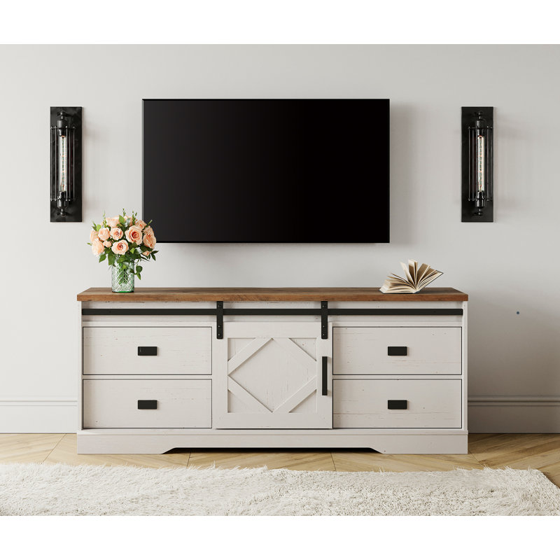 Modern Farmhouse TV Stand For 65" TV With Barn Door & Rub Through Distressing, Wood Entertainment Center With Drawers And Storage Cabinet For Living Room,Cream White
