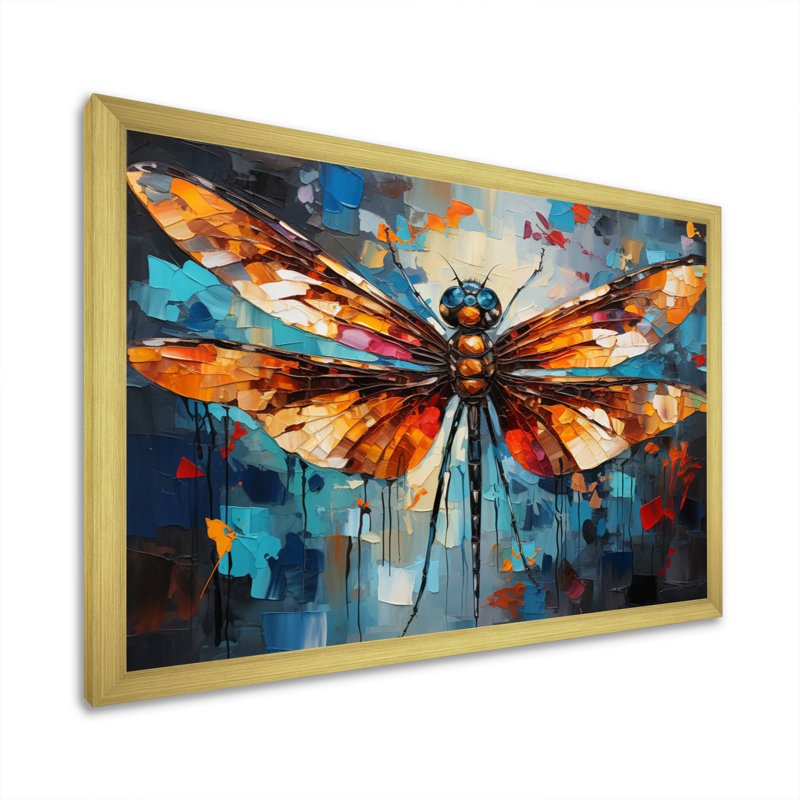 «Orange Dragonfly insectes Flight Collage II», reproduction sur toile, H 34 po x l 44 po x P 1,5 po, Encadrement doré