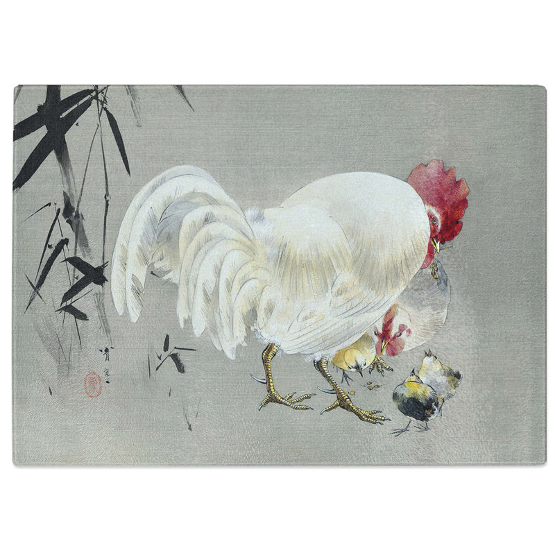 Tempered Glass Rooster and Hen with Chicks by Watanabe Seitei Chopping Board, 39 cm W x 28.5 cm L