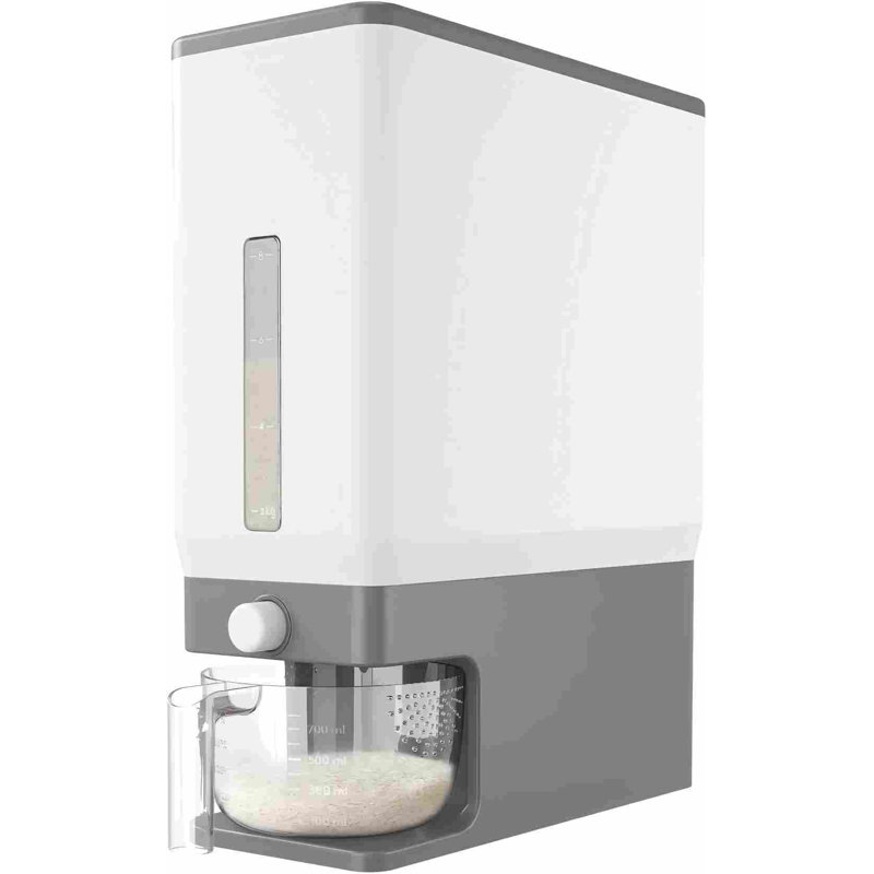 Distributeur de riz 11,3 kg (25 lb), contenant de rangement hermétique avec doseur, gris, sans BPA, pour haricots, maïs et autres petites céréales, distributeur à pression unique pour la cuisine et le garde-manger.